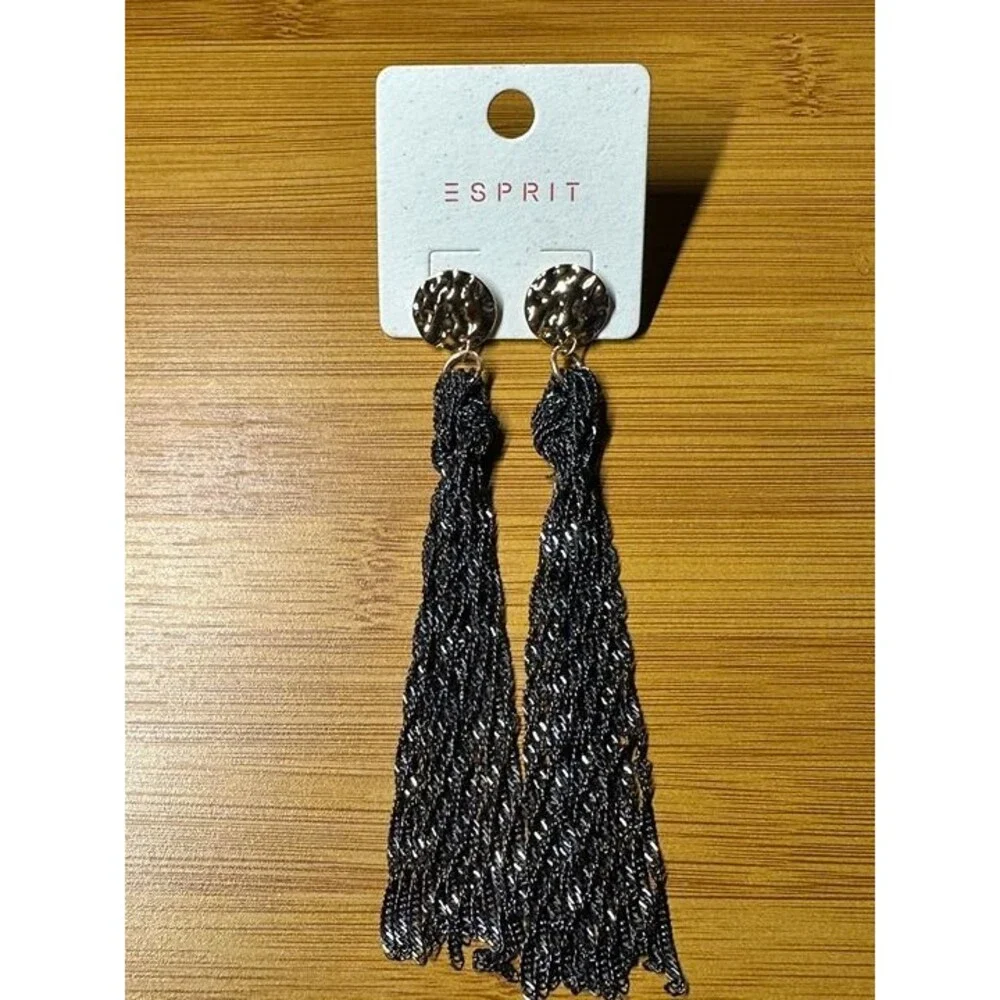ESPRIT Gold Hammered Disc Stud Black Tassel Drop Earrings Boho New Pair